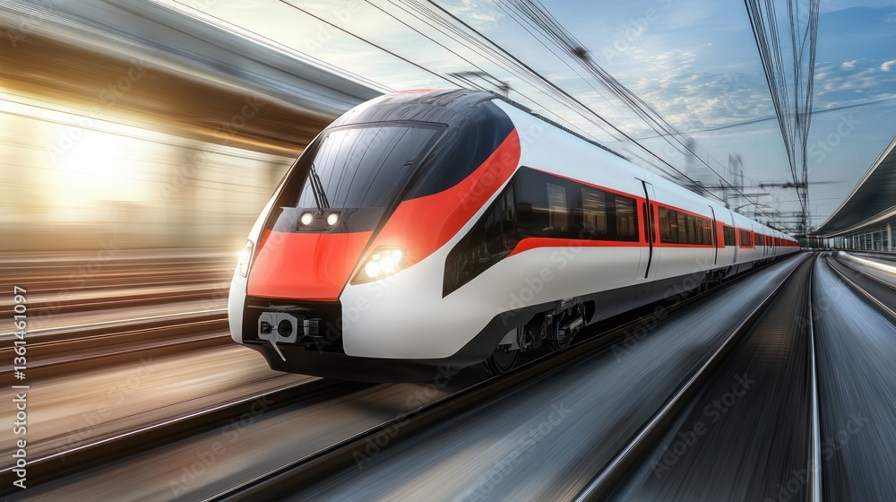 Fototapeta premium Futuristic high-speed train hurtling along the tracks with motion blur effect