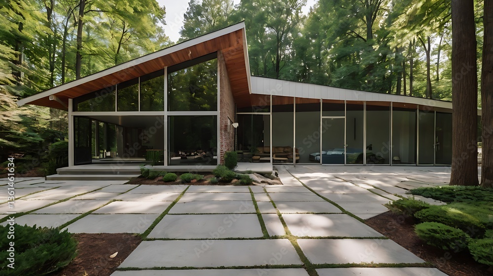 Naklejka premium Ferris Bueller’s Day Off-inspired 80s house with a mid-century modern aesthetic and a sleek glass garage