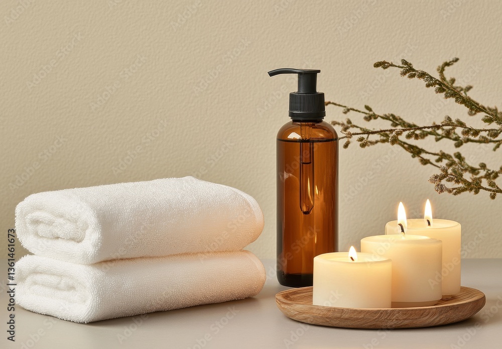 A spa setting with candles, towels, and liquid soap A spa setting with candles, towels, and liquid soap