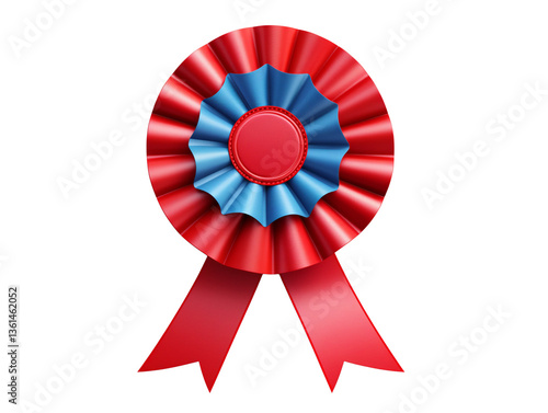 Red ribbon rosette with blue ribbon, isolated on transparent background