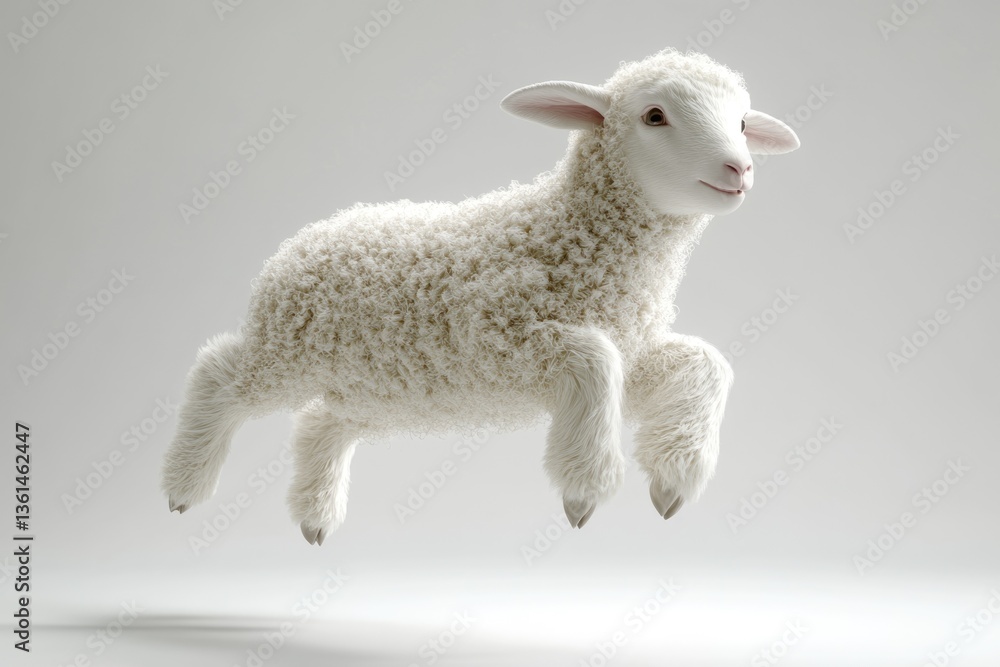 Fototapeta premium A fluffy white lamb leaps gracefully in mid-air against a neutral backdrop.