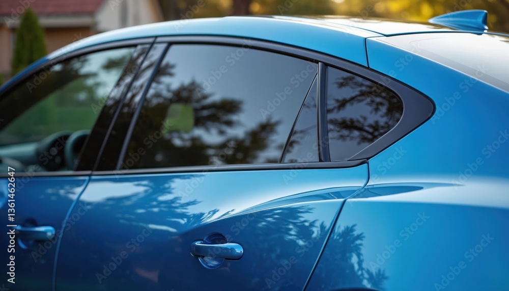 Naklejka premium Close-up view of blue modern car with tinted windows reflecting trees. Automobile with ceramic film, provides heat, UV protection, stable color. Automotive car care service. Car detailing,