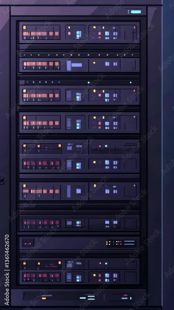 Data center server rack with multiple storage units and lights indicating activity at a tech facility Data center server rack with multiple storage units and lights indicating activity at a tech facility