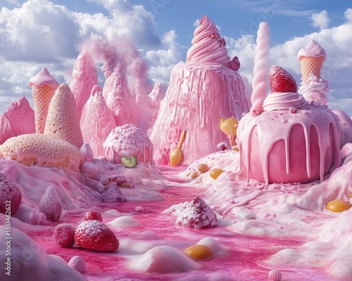 A whimsical landscape made entirely of pink sweets, featuring giant ice creams, strawberries, and flowing pink rivers of syrup.