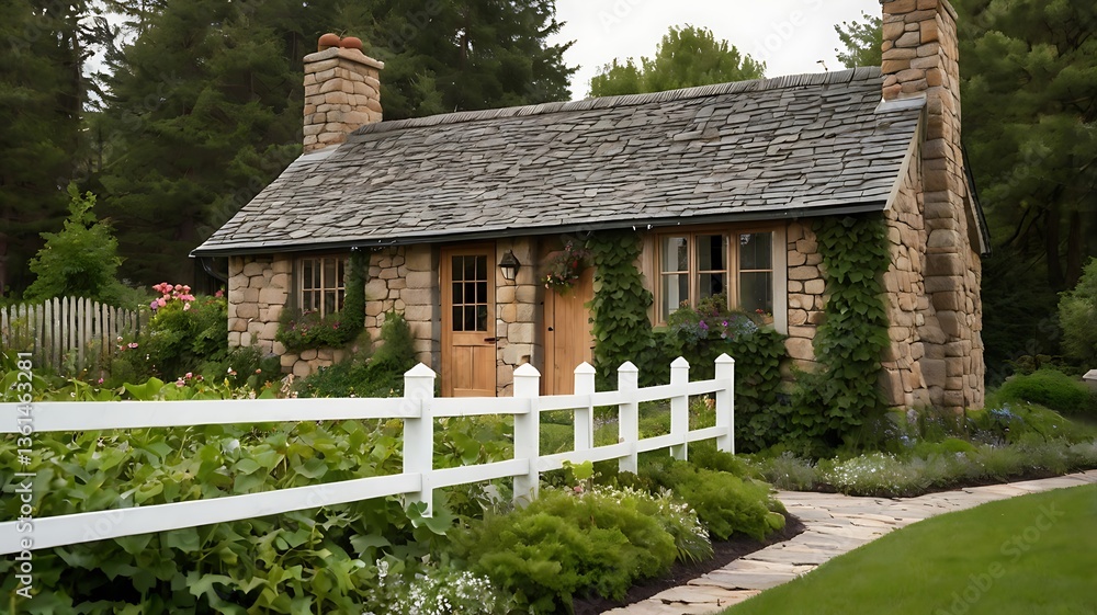 Fototapeta premium Charming stone cottage with flower beds, a wooden picket fence, and ivy climbing the walls