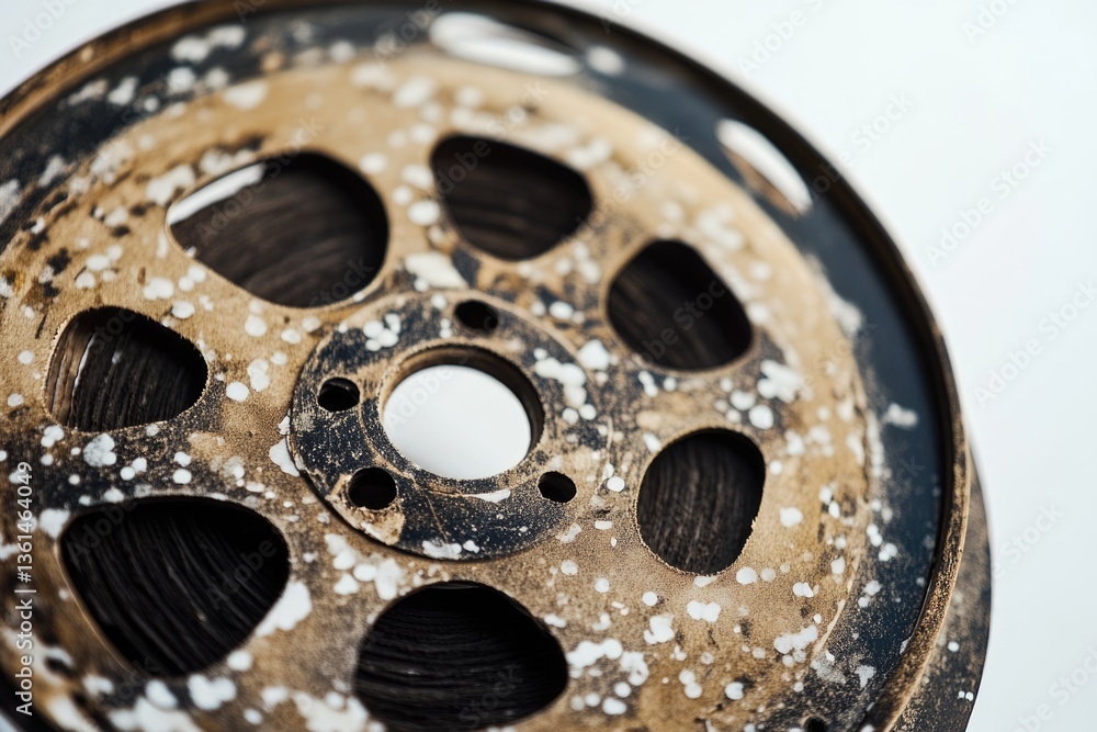 Obraz premium Close-up of a weathered, vintage reel of magnetic tape, showing age and wear.