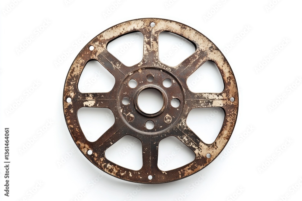 Fototapeta premium A rusty, vintage circular metal component with eight spokes, showing signs of age and wear.