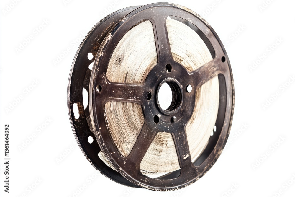 Fototapeta premium Old, worn reel of magnetic tape, showing signs of age and use. A relic of analog recording.