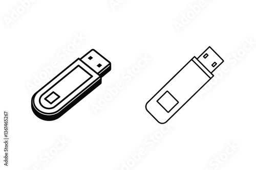 USB Flash Drive Icons Isometric and Outline Designs