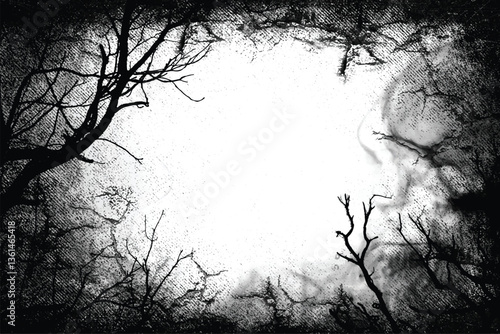Silhouettes of bare branches of trees on grunge dark background. Misty forest. Gothic style illustration. Grungy frame	
