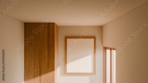 A room with a wooden door and a white frame on the wall. The room is empty and has a simple, clean look premium photo 3d render