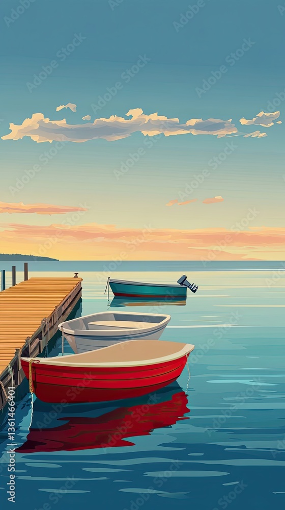 Fototapeta premium Colorful boats are moored next to a wooden pier on water