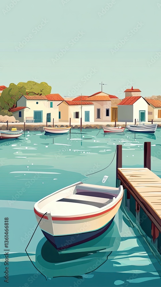 Fototapeta premium Colorful boats are docked near a small coastal village