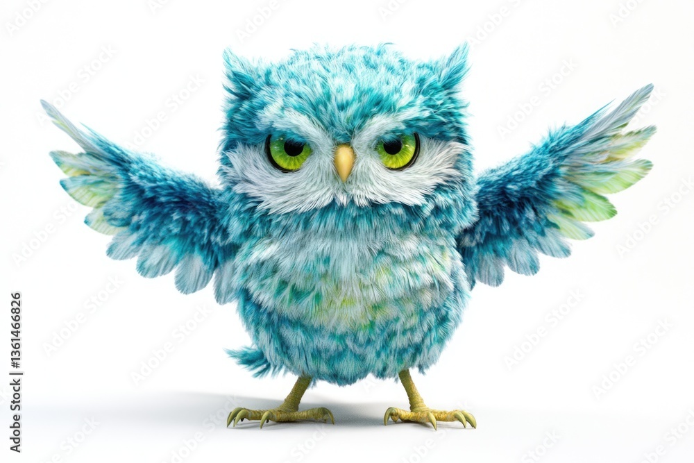 Fototapeta premium A fluffy, teal owl with outstretched wings, looking directly at the viewer.