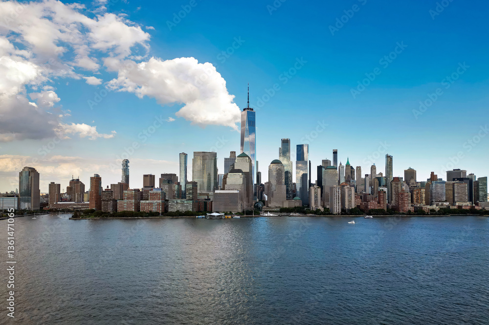 Naklejka premium New York City an sky with clouds. NYC cityscape with skyscrapers. Aerial panorama of New York City skyline. Manhattan skyline. New York and Hudson River. Downtown NYC. New York skyscrapers from top.