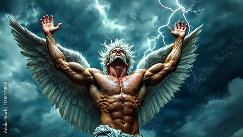 Divine Power Unleashed: A muscular angel with magnificent wings gazes towards the sky. Storm clouds gather overhead, and flashes of lightning illuminate the scene with a divine glow.