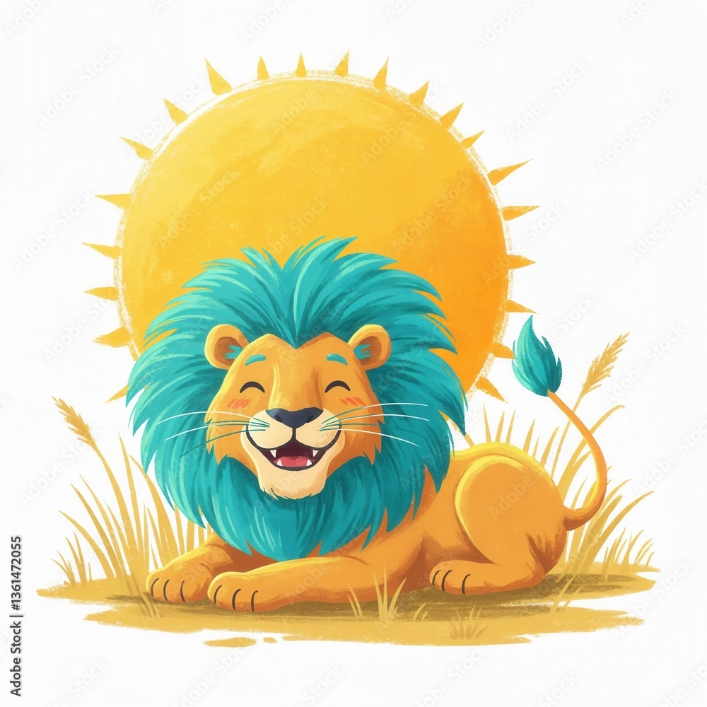 Cheerful cartoon lion with blue mane relaxing in sunny grassland Cheerful cartoon lion with blue mane relaxing in sunny grassland