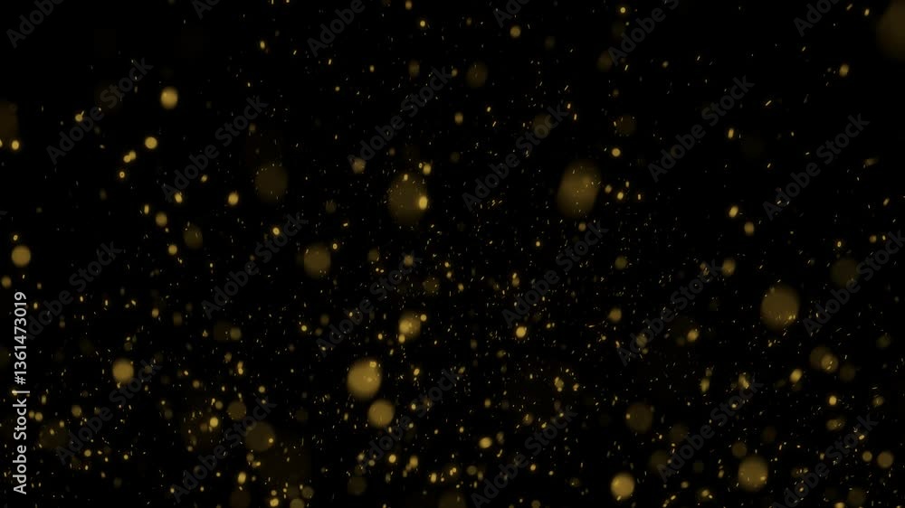 Flickering gold colored dot particles looped on clean black copy space background. Flickering gold colored dot particles looped on clean black copy space background.