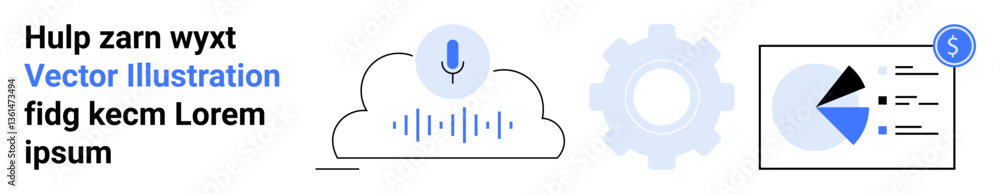 Cloud with mic symbol, gear icon, analytics chart with dollar sign. Ideal for technology, analytics, voice command, automation, cloud computing, data visualization simple landing page Cloud with mic symbol, gear icon, analytics chart with dollar sign. Ideal for technology, analytics, voice command, automation, cloud computing, data visualization simple landing page