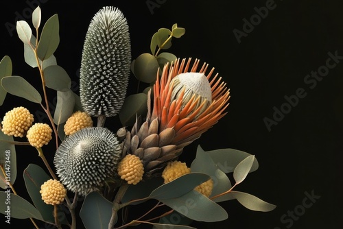 Stunning Black Background Showcasing Protea, Banksia, and Eucalyptus