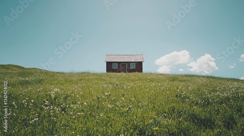 Small Red House in Lush Green Meadow