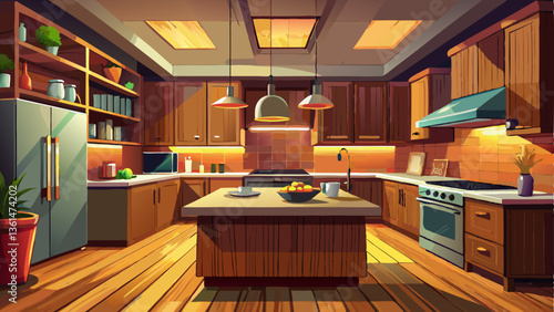 vector of modern kitchen with warm wooden textures, sleek countertops, and integrated lighting.