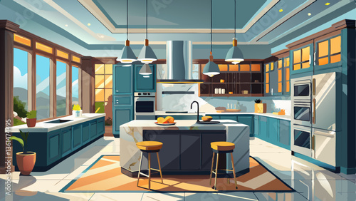 A luxurious modern kitchen with high-end appliances, marble floors, and a spacious island