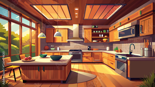 vector of modern kitchen with warm wooden textures, sleek countertops, and integrated lighting.