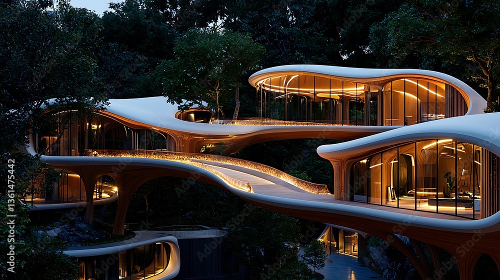 Fototapeta premium Innovative organic architecture forest setting modern home design nighttime aesthetic elevated perspective sustainable living