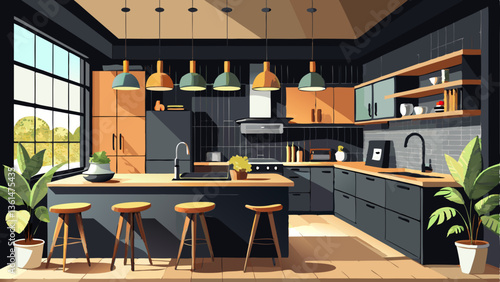 vector of contemporary kitchen featuring matte black cabinetry, wood accents, and modern pendant lights