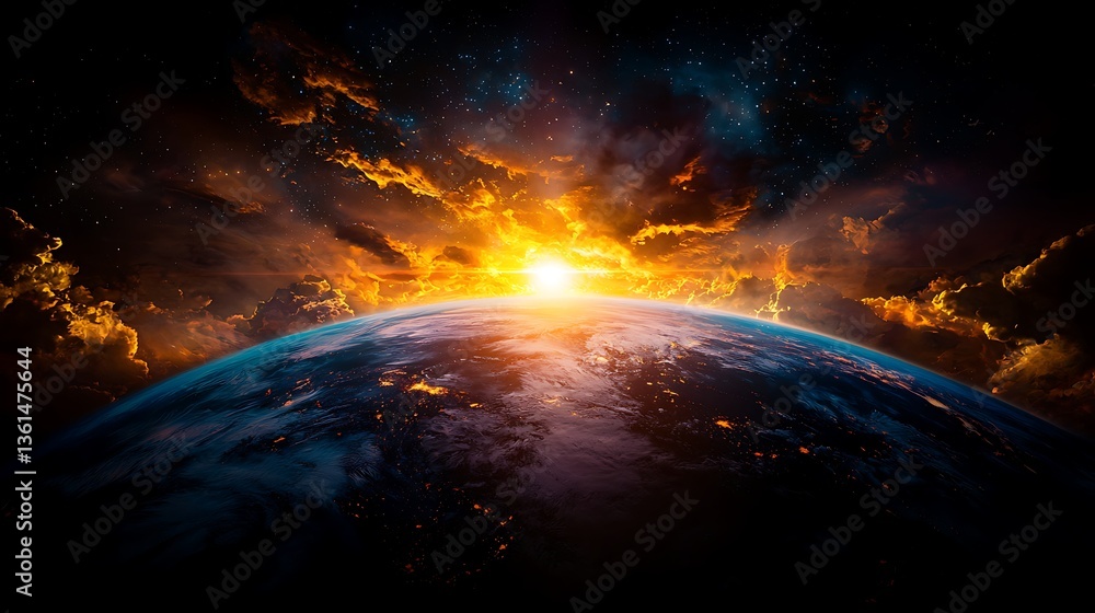 Fototapeta premium Dramatic sunrise over earth outer space digital art cosmic landscape aerial view natural beauty