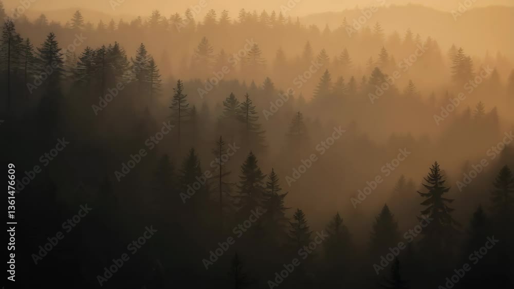 Misty Golden Sunrise Over a Dense Coniferous Forest Landscape Misty Golden Sunrise Over a Dense Coniferous Forest Landscape