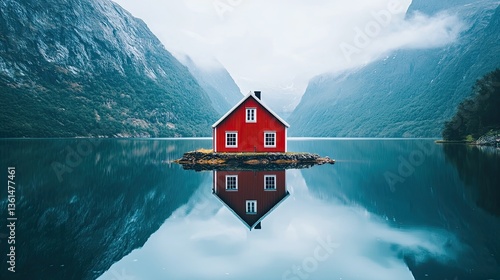 Solitary Red House with Perfect Lake Reflection