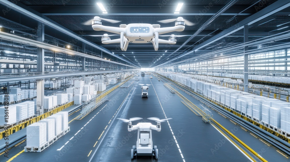 Obraz premium Drone warehouse inventory automation, robots & packages