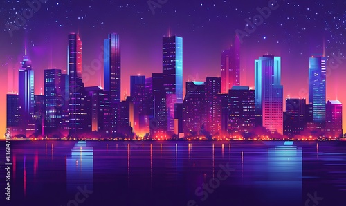 Wallpaper Mural A dark blue city skyline with tall buildings and neon lights, a gradient background Torontodigital.ca