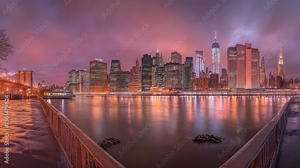 Obraz premium NYC Skyline at Dusk, reflecting in water, with Bridge. Possible use Stock photo