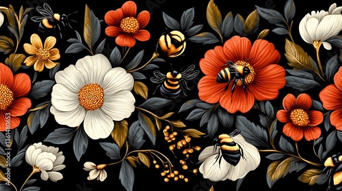 Vibrant Floral and Bee Digital Illustration: A Dark Background Garden Design AI Generated