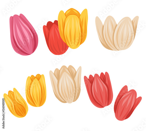 Vector set of clip art colorful flower heads isolated from background. Collection of hand drawn cartoon floral elements for stickers and cards