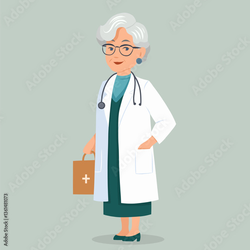 Vector flat illustration of old woman doctor professional. Woman pharmacist. Researcher in laboratory. Illustration for articles about professions
