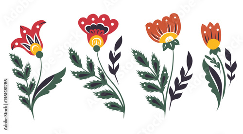 Vector set of decorative floral clip arts. Collection of slavic flowers in folk art style isolated from background. Blooming wildflowers in traditional style
