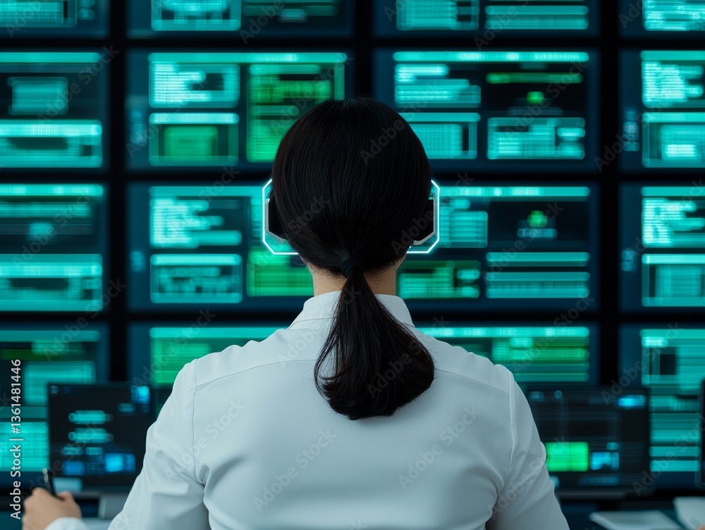 Data analyst monitoring digital metrics in high-tech control room futuristic environment professional viewpoint Data analyst monitoring digital metrics in high-tech control room futuristic environment professional viewpoint