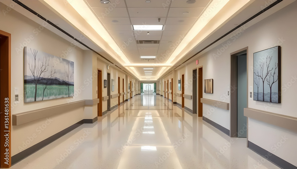 A long well lit hallway with artwork and closed doors A long well lit hallway with artwork and closed doors