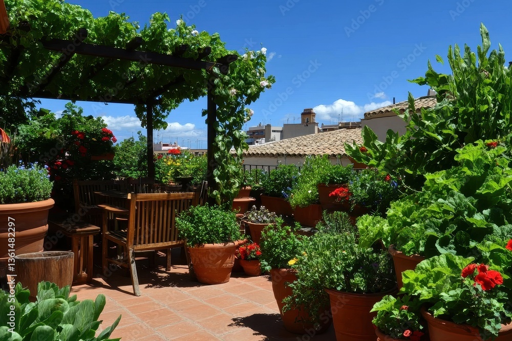 Fototapeta premium A small yet vibrant Mediterranean urban garden bursting with color and life in a cozy city setting.