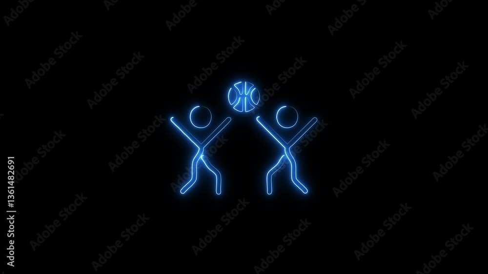 A animation features a vibrant neon glow around a basketball player, making them stand out against a dark background. Basketball players throwing ball into basket. A animation features a vibrant neon glow around a basketball player, making them stand out against a dark background. Basketball players throwing ball into basket.