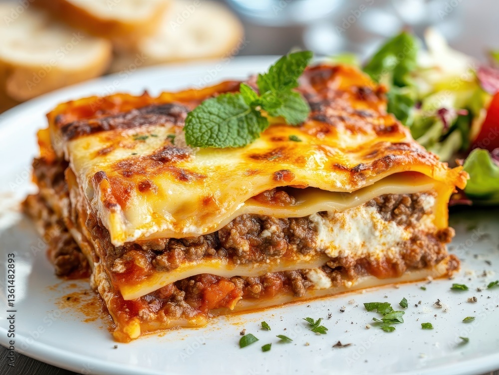 Deliciously Layered Lasagna with Meat Sauce, Ricotta, and Fresh Herbs on a White Plate Surrounded by Salad and Bread in a Cozy Setting Deliciously Layered Lasagna with Meat Sauce, Ricotta, and Fresh Herbs on a White Plate Surrounded by Salad and Bread in a Cozy Setting