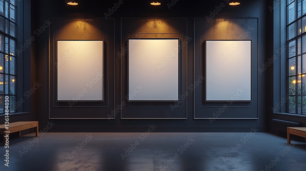 Three white blank posters on three frames in the middle of an empty stage, black background, dark lighting, modern and minimalistic look, Three white blank posters on three frames in the middle of an empty stage, black background, dark lighting, modern and minimalistic look,