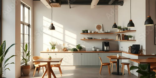 A bright and modern cafe interior with wooden furniture and plants