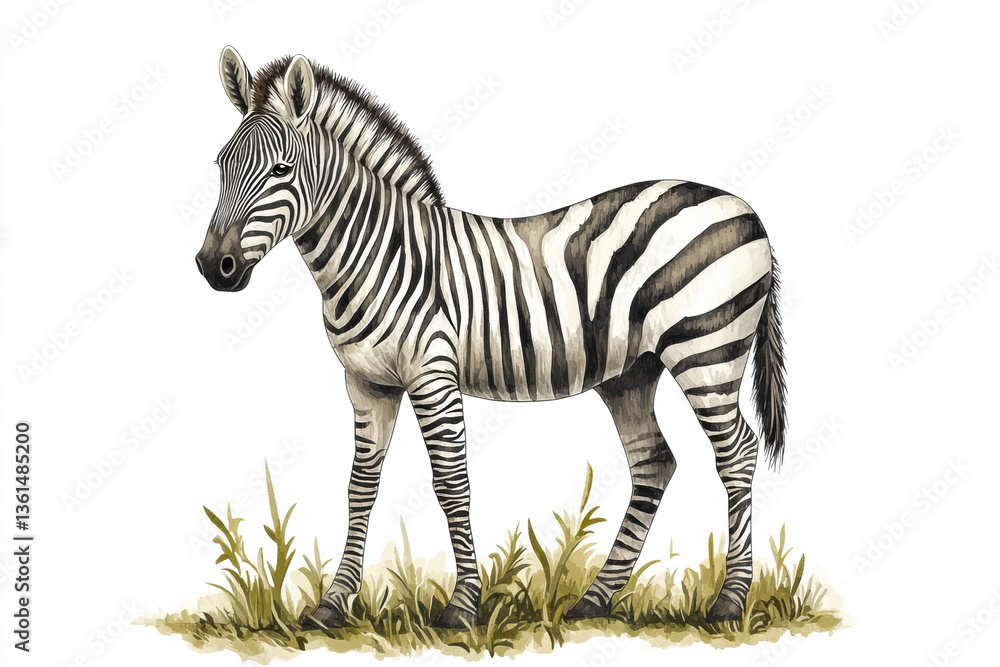 Fototapeta premium Zebra standing on green grass with detailed stripes in a natural setting during daylight Generative AI
