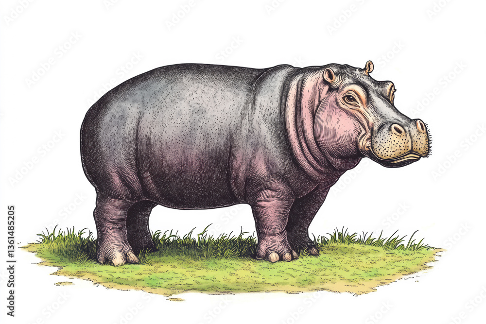 Naklejka premium Detailed illustration of a hippo standing on grass during daylight Generative AI