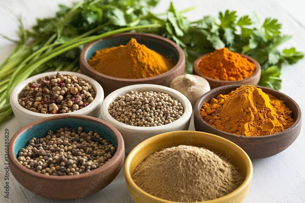 A photo of a set of aromatic spices and herbs in bowls A photo of a set of aromatic spices and herbs in bowls